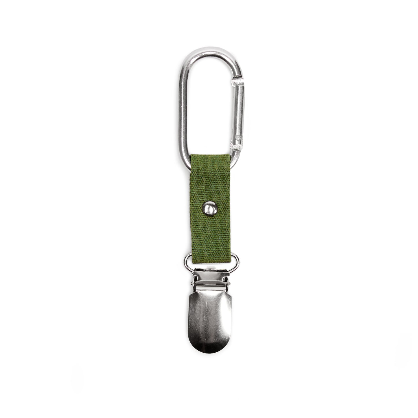 travel hat clip with a metal carabiner, green webbing and metal clip to hold the hat