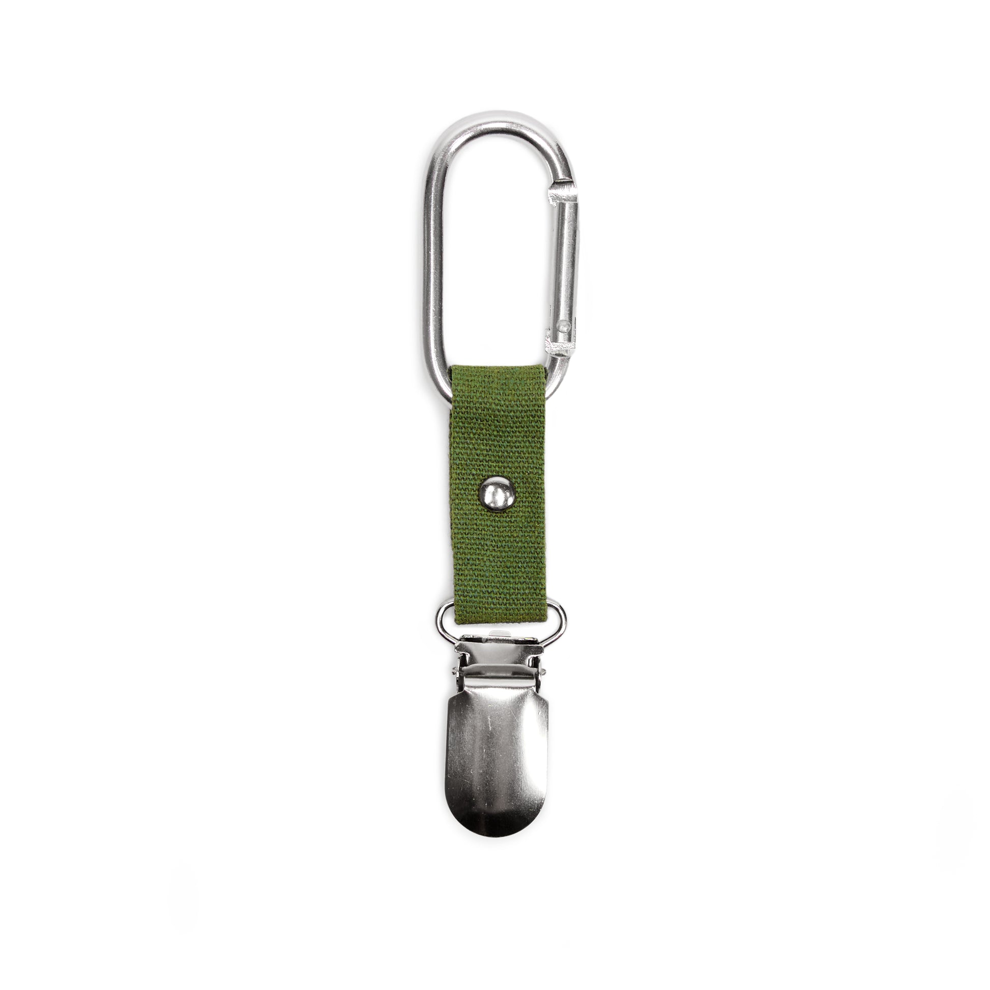 travel hat clip with a metal carabiner, green webbing and metal clip to hold the hat
