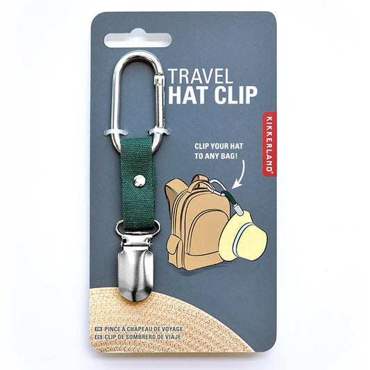 travel hat clip with a metal carabiner, green webbing and metal clip to hold the hat