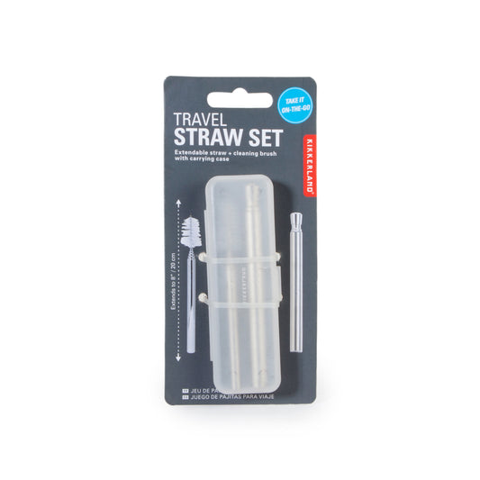 travel straw set showing the carry case and inside is the metal straw with small metal brush to clean the straw. the straw comes in two metal pieces