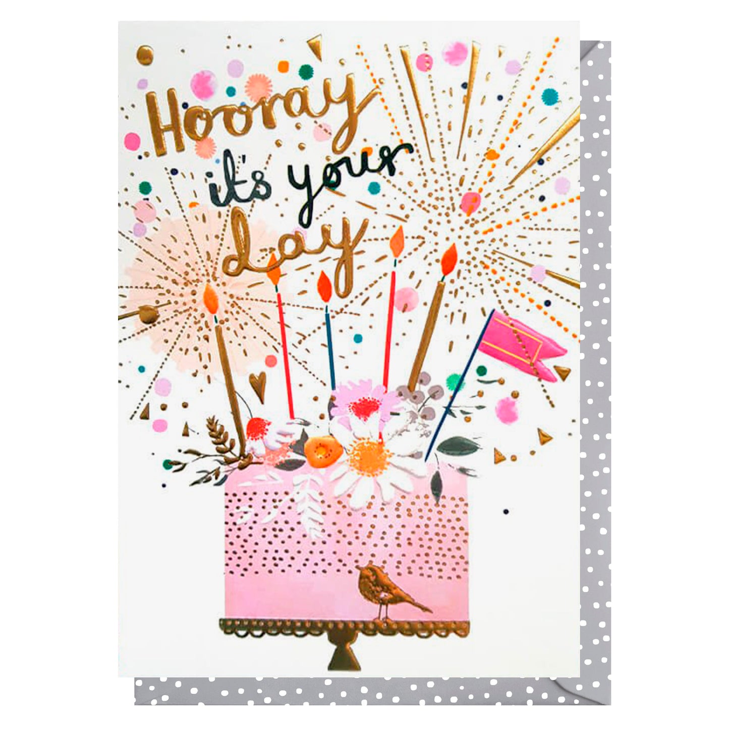 Birthday card showing a cake with candles and fireworks