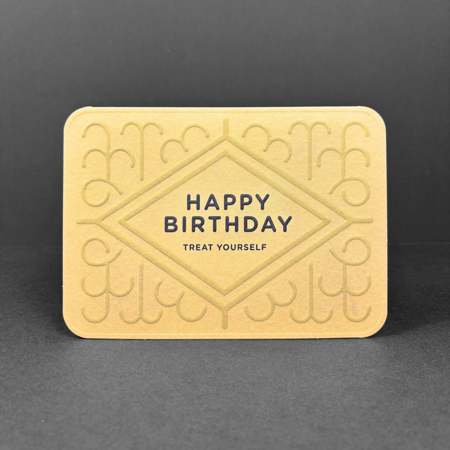 Yellow birthday card with 'Happy Birthday Treat Yourself' text on a dark gray background