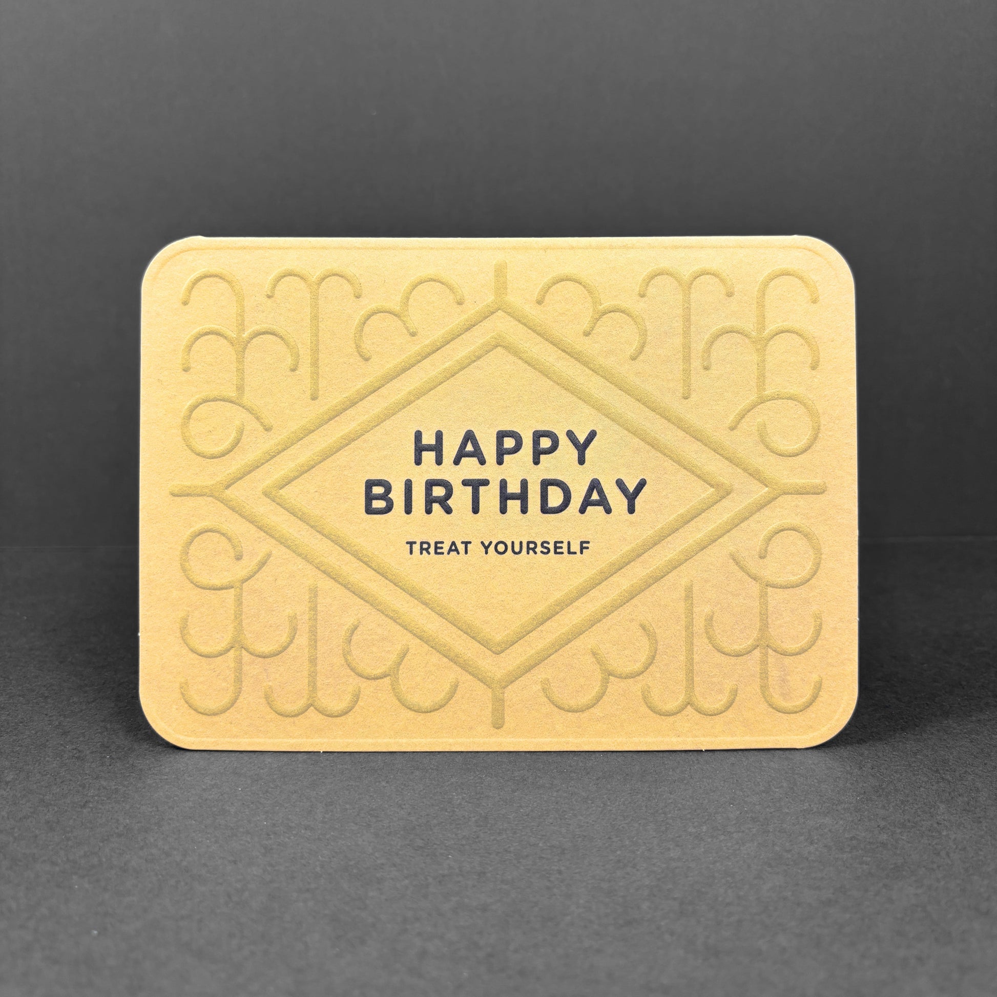 Yellow birthday card with 'Happy Birthday Treat Yourself' text on a dark gray background
