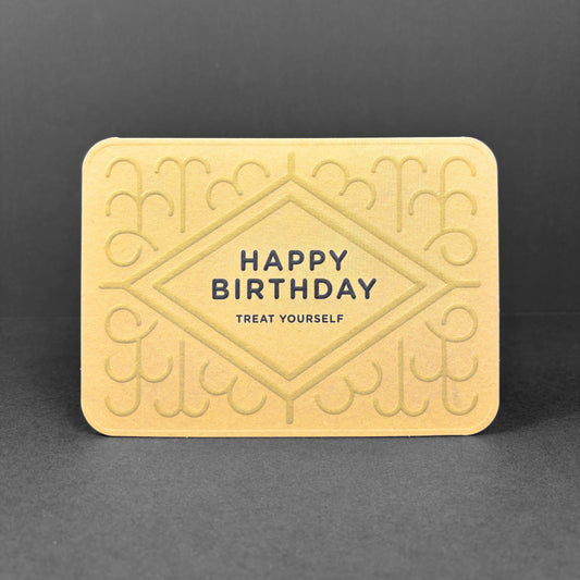 Yellow birthday card with 'Happy Birthday Treat Yourself' text on a dark gray background