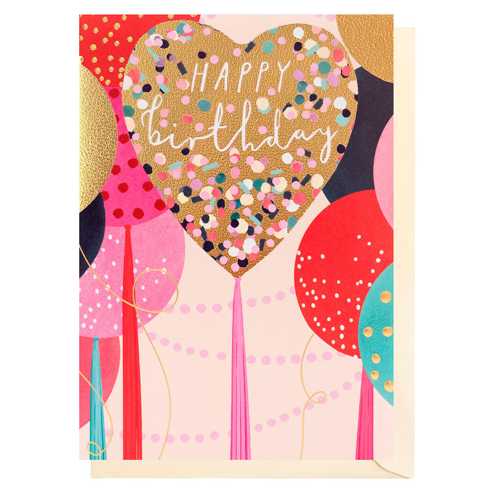 Birthday card with a balloon in gold in the middle with pastel coloured confetti on it different coloured balloons in the background all with a different coloured tassel. pale beige background and envelope 