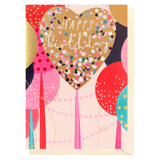 Birthday card with a balloon in gold in the middle with pastel coloured confetti on it different coloured balloons in the background all with a different coloured tassel. pale beige background and envelope 