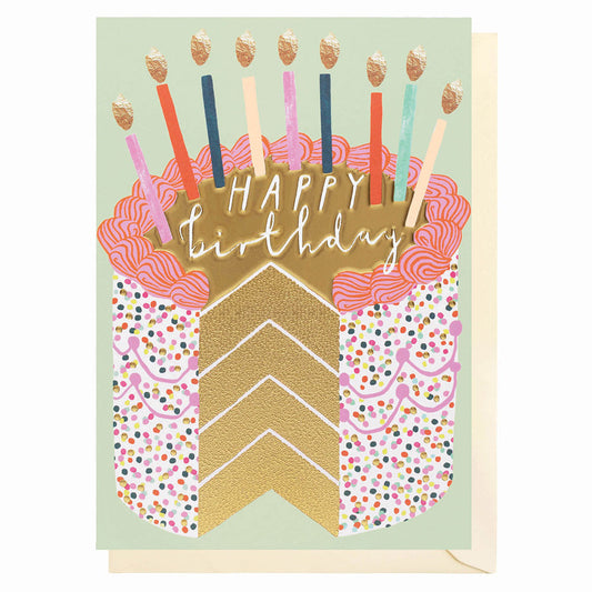Card with Pale Blue Bacground and picture of a birthday cake on the front with candles in blue red pink and white. section cut out of the birthday cake in gold foil. sprinkles on the side of the cake. Happy Birthday written on the top of the cake. Pale Beige envelope.