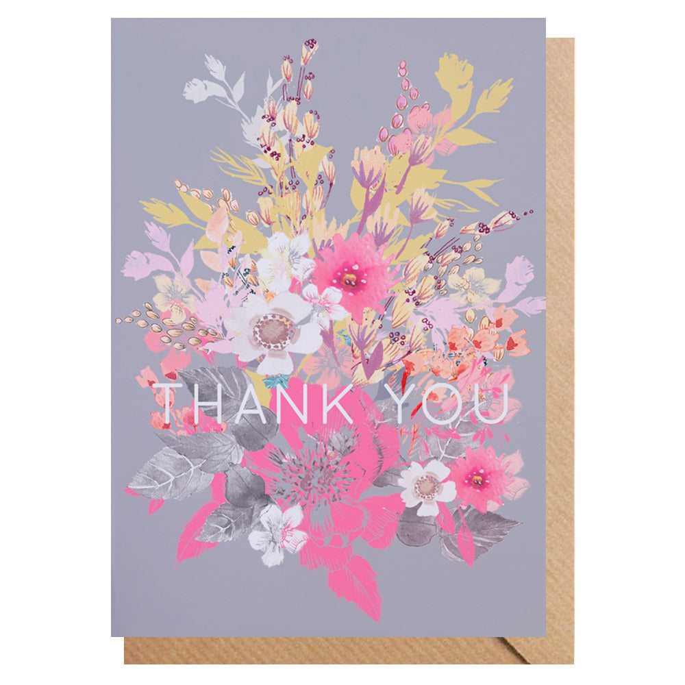 Grey backrgound with floral spray and the word Thank you in the centre