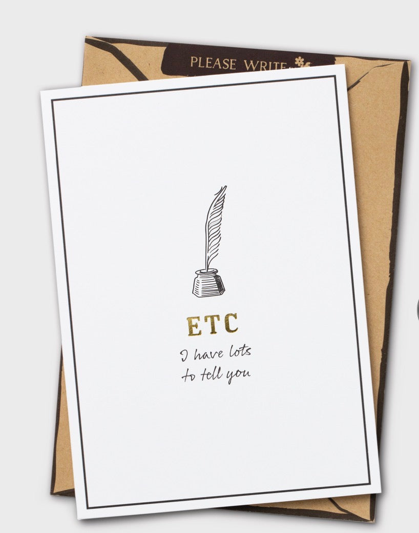 Greeting card with feather quill illustration and text on a white background