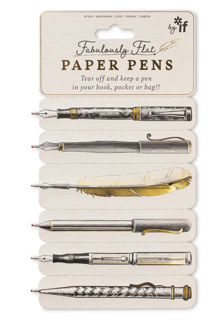 Set of paper pens with decorative elements on a branded card packaging.