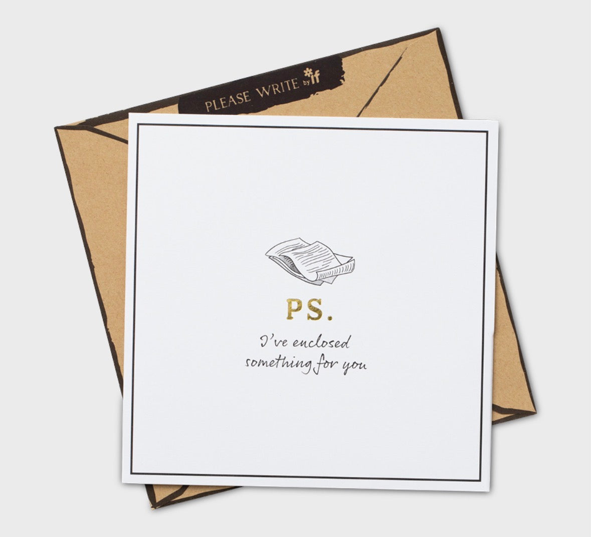 White card with text and a brown envelope on a light gray background