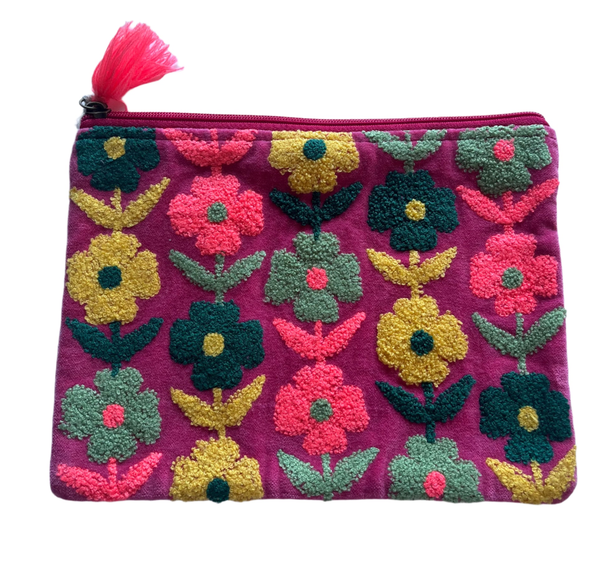 Floral patterned pouch with colorful flowers on a pink background