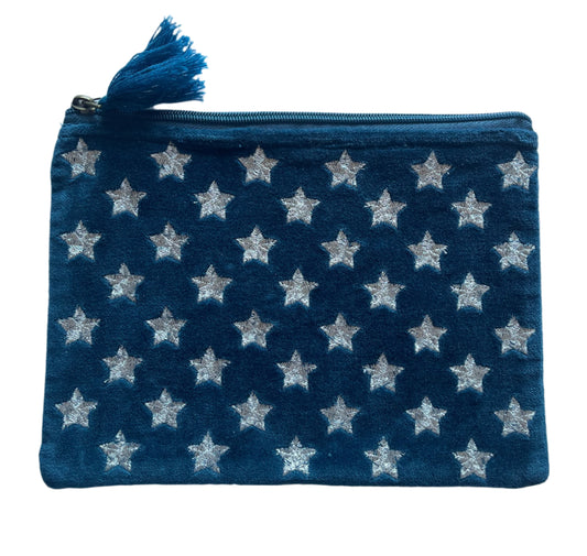 Blue pouch with silver star patterns on a light blue background
