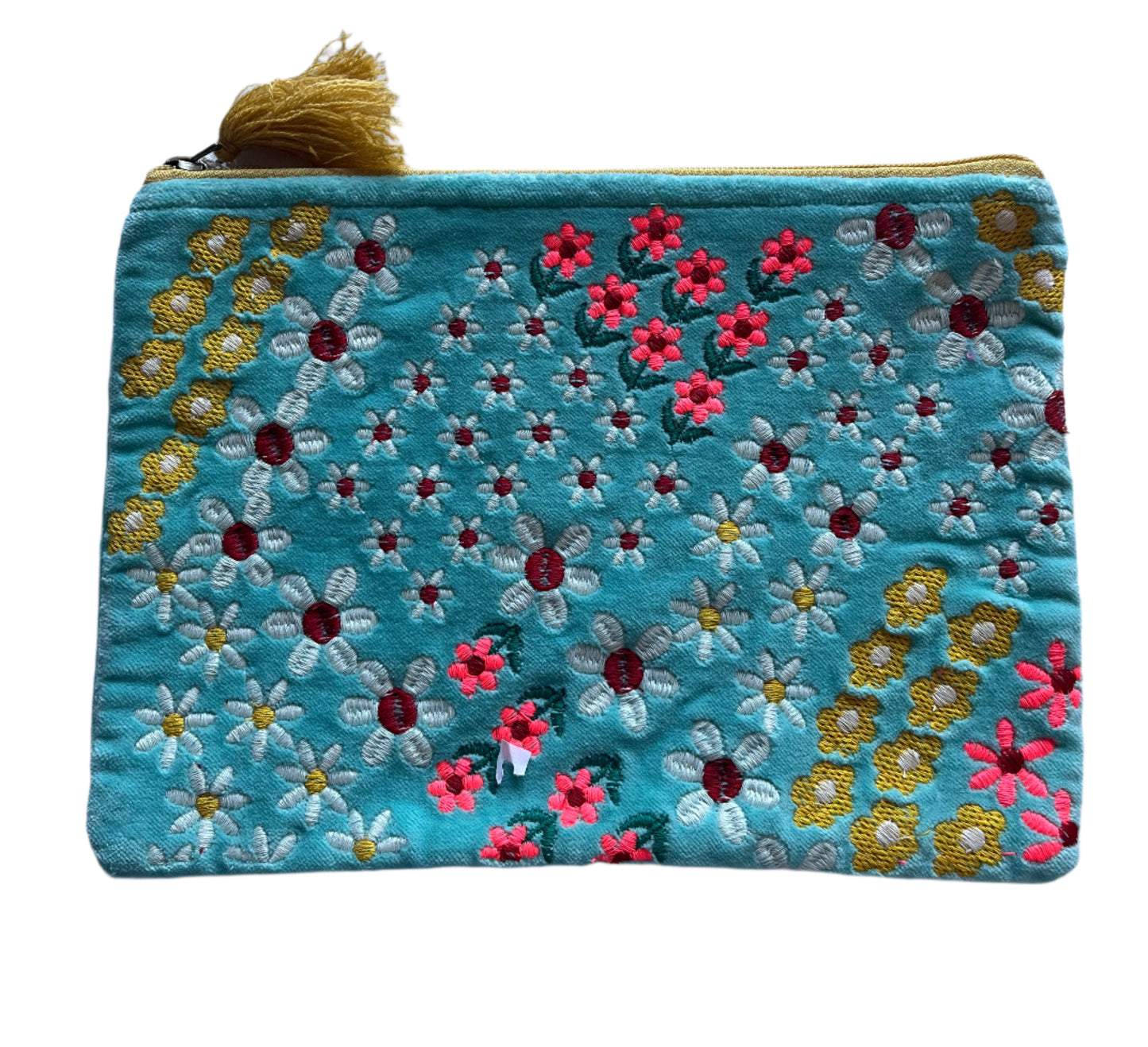 Embroidered pouch with floral patterns on a light blue background