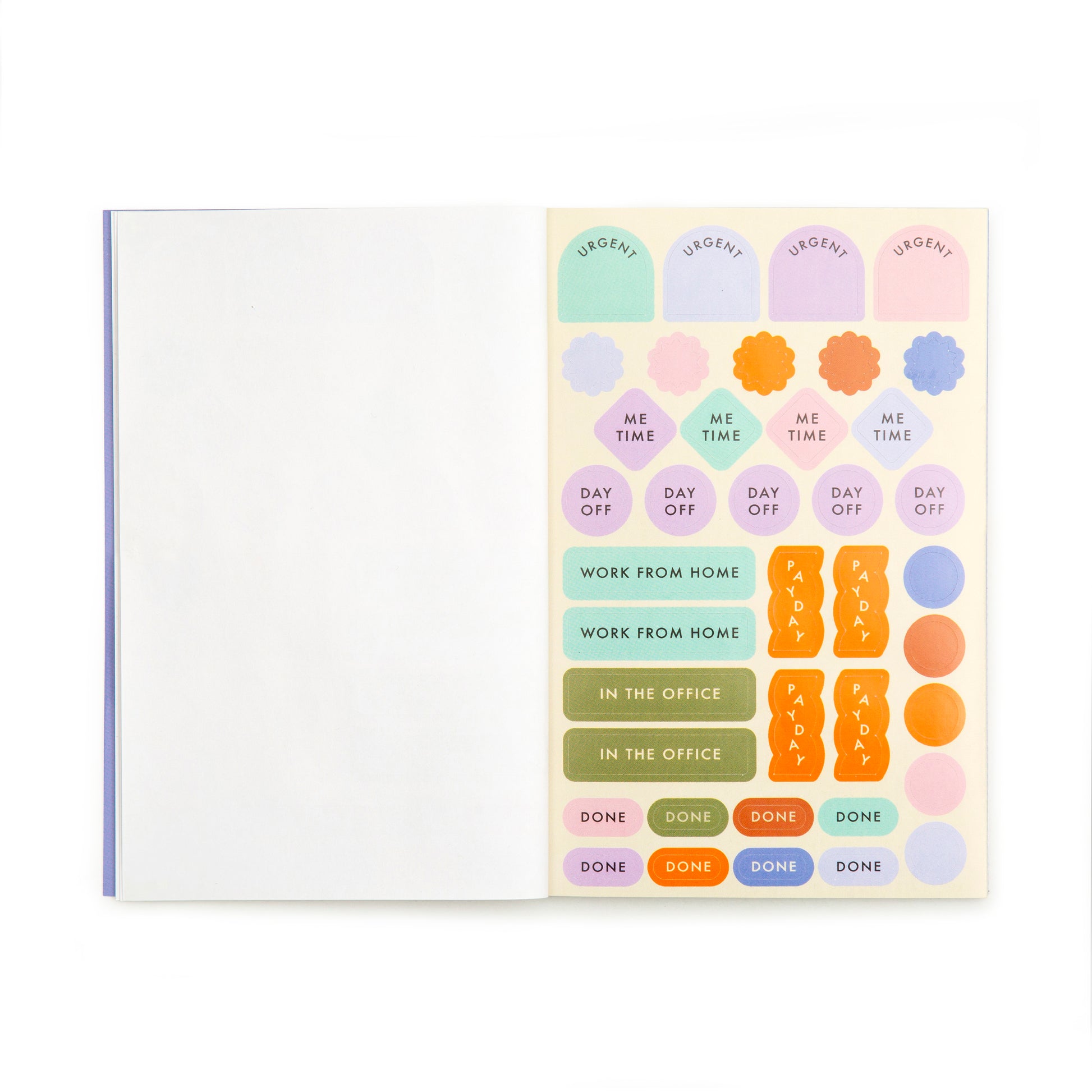 shows a page of sticker options such as day off,done, in the office, me time, done,work from home, payday and in the office
