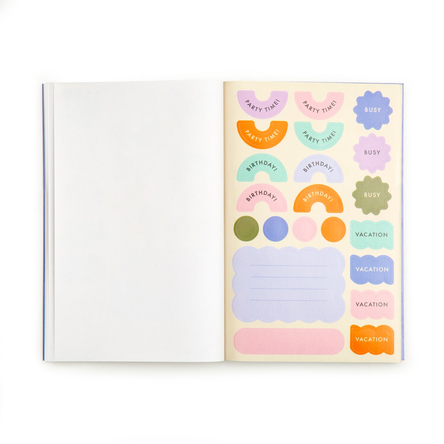 page shows the variety of stickers  such as party time, birthday , vacation , busy that are to be used in the planner