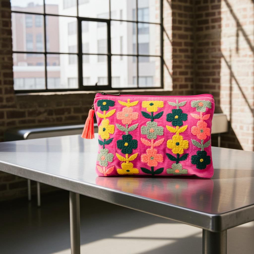 Pink Lemons Velvet Multiflowered Pink Pouch