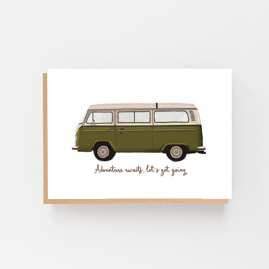 Greeting Card with a white background in the centre of the card which is in landscape there is a drawing of the old retro style of a camper van in sage green and white roof under the van are the words Adventure awaits let's get going in small italic writing in grey. Brown Kraft Envelope.