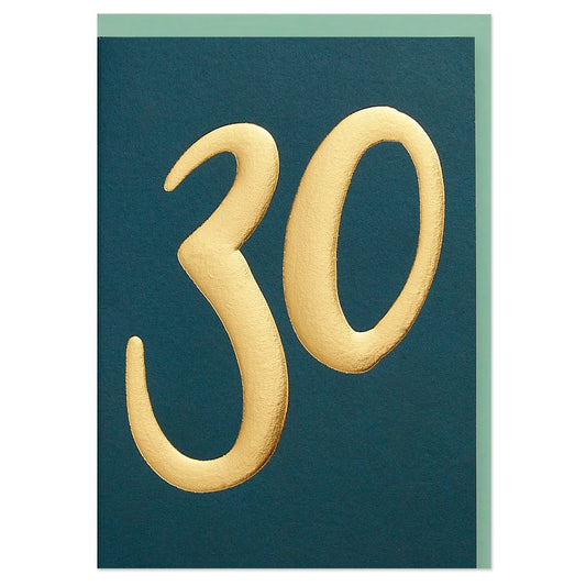 Gold number '30' on a teal card
