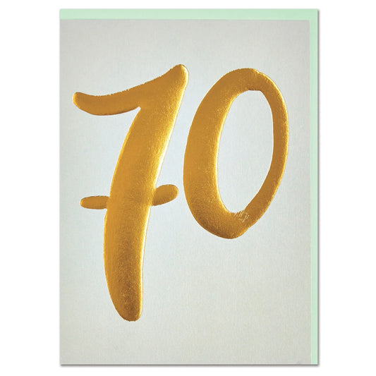Gold number '70' on a light gray background