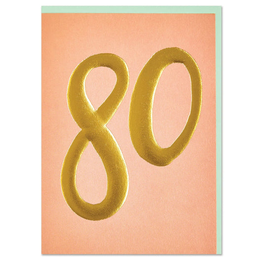 Card with gold number '80' on a pink background