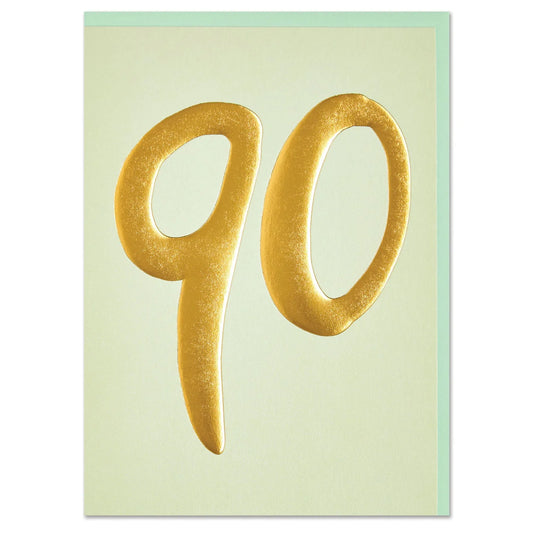 Gold number '90' on a light green card with a teal border