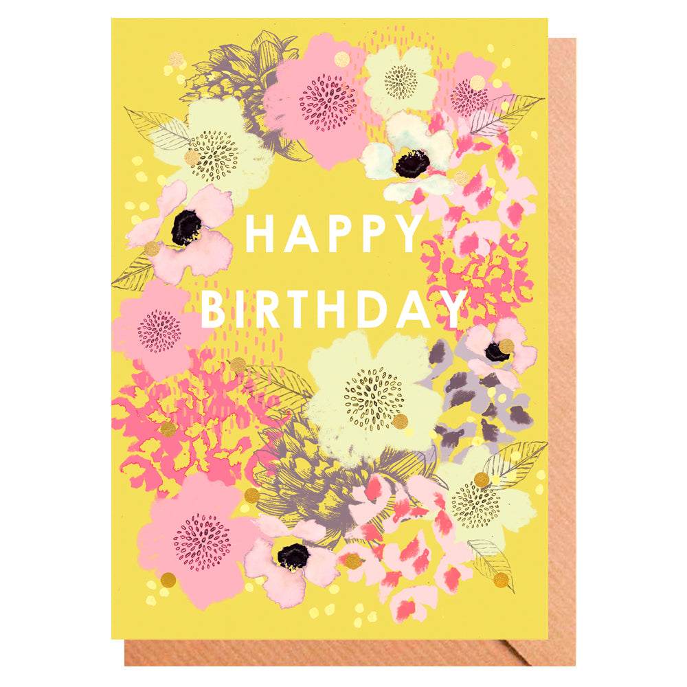 Birthday card with floral design and 'Happy Birthday' text on a yellow background