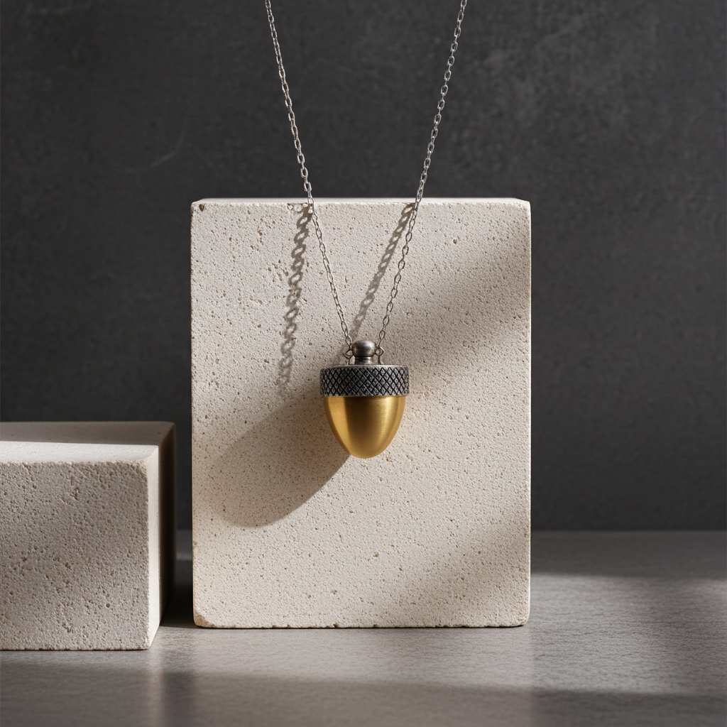 Silk Purse,Sow’s Ear Acorn Locket Necklace: Silver Top & Gold Bottom 28"