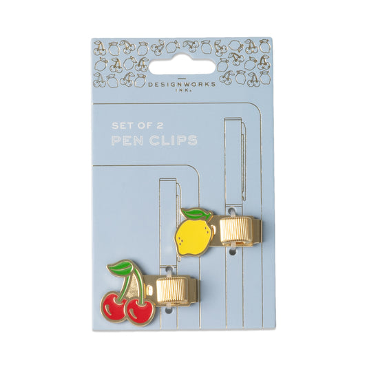 Set of 2 pen clips with a cherry on one clip and a lemon on the other.