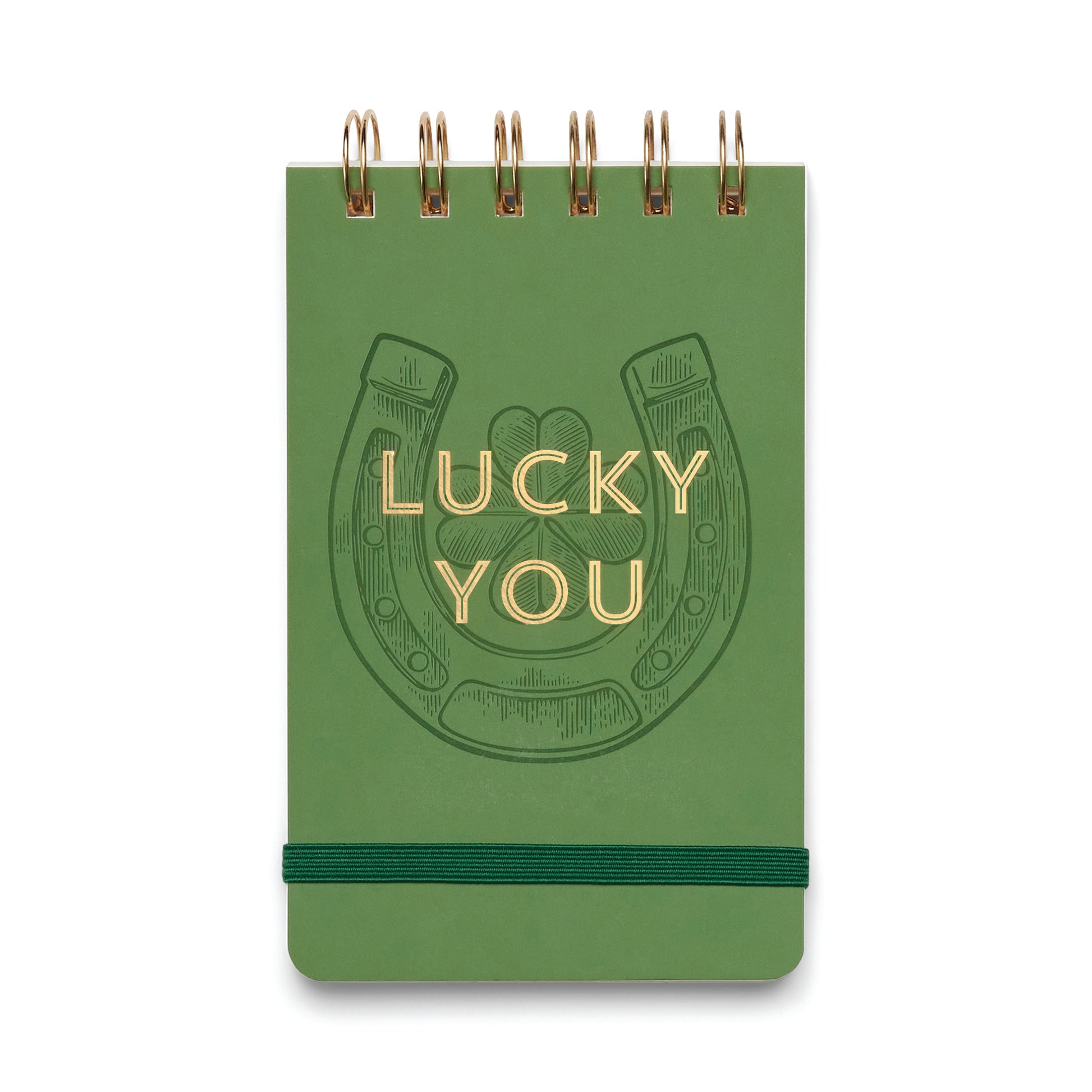 Green notebook with a horseshoe design and 'Lucky You' text on a white background