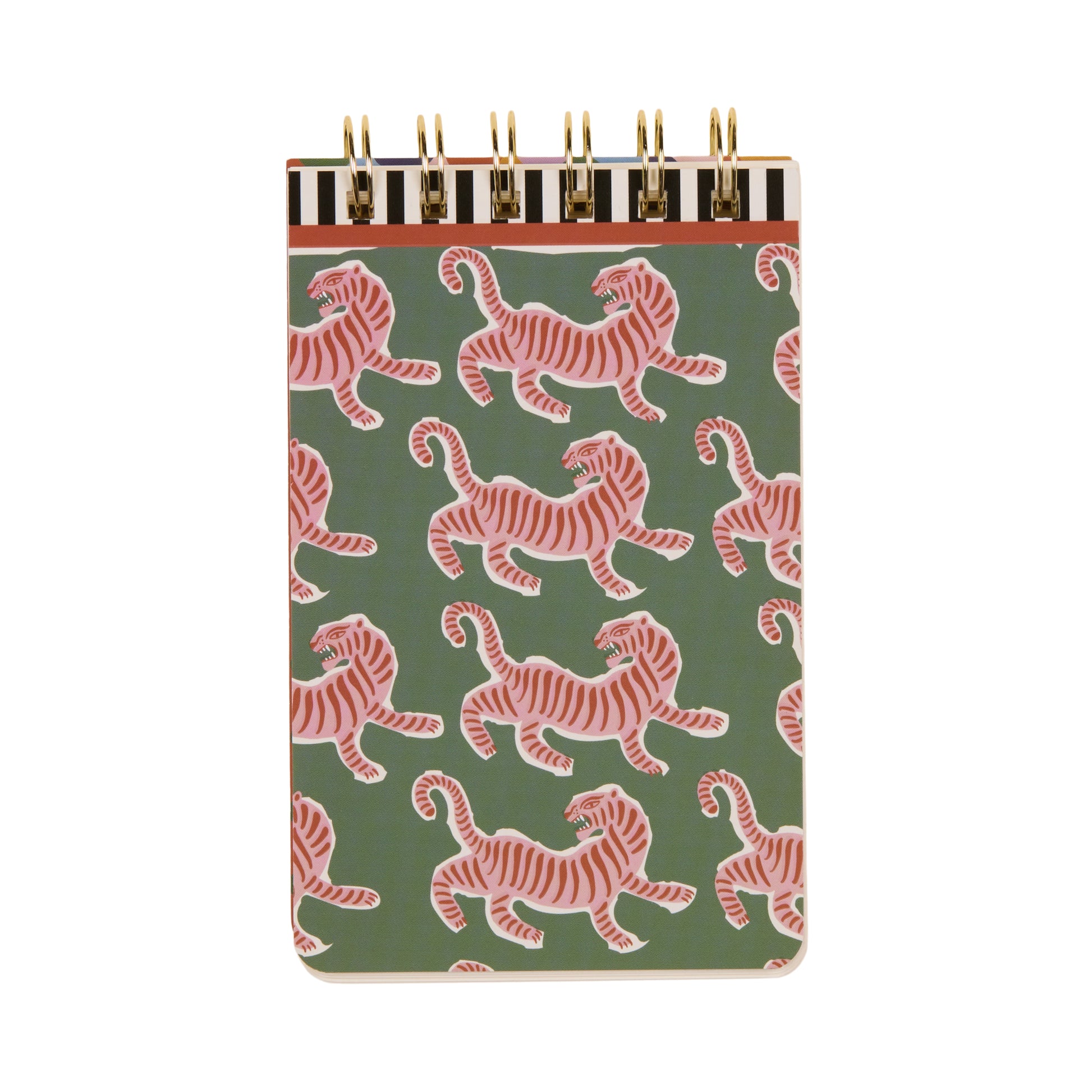 Notebook with red tiger pattern on a green background