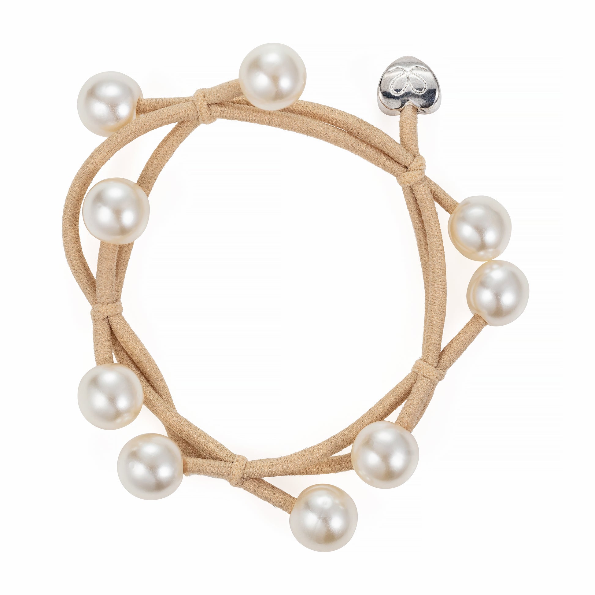 sand coloured hair band decorated with 9 pearls and a silver heart motif