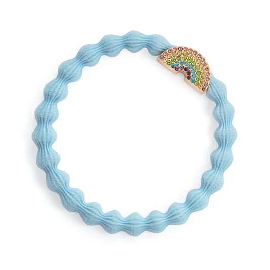 sky blue hair band with coloured crystal gold rainbow motif