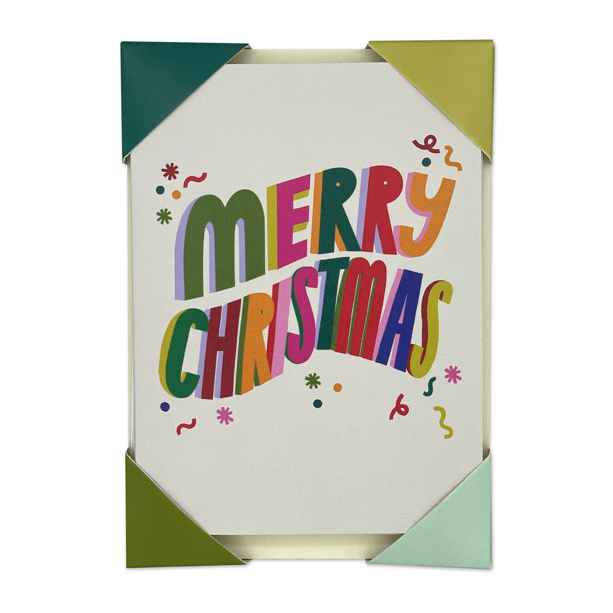 A square Christmas greeting card with a white center and colorful playful text reading 'MERRY CHRISTMAS.' The card is shown in a folded presentation with green, gold, and pale mint corner tabs on a plain white background. This is a pack of 6 cards of the same desgin.