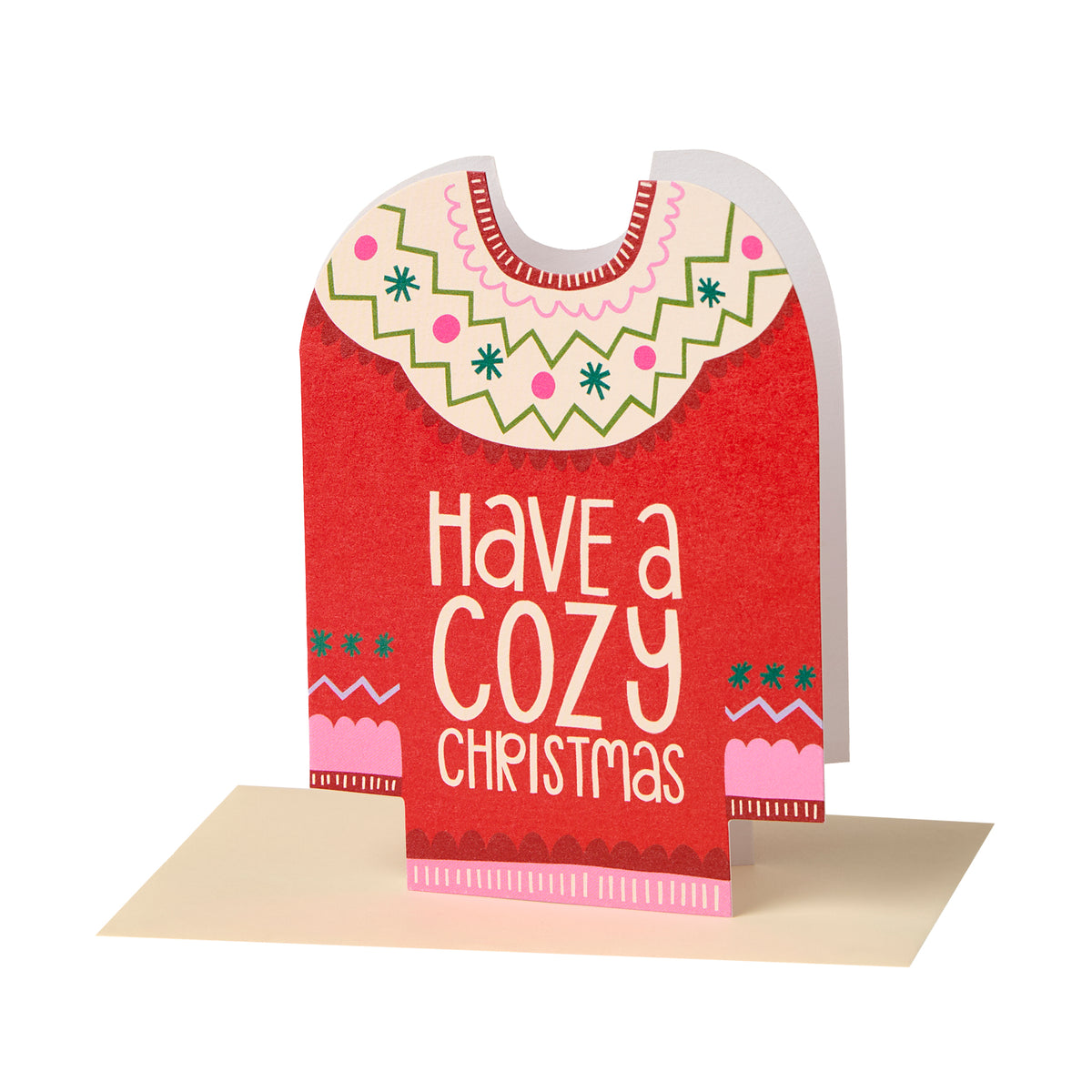 Card with a red sweater design and 'Have a Cozy Christmas' text on a white background