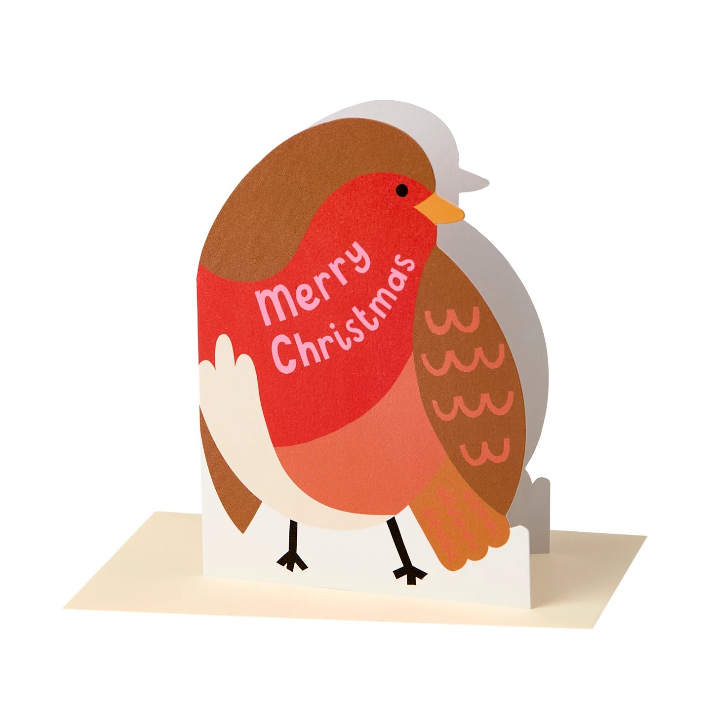 Christmas card with a robin bird holding a 'Merry Christmas' message on a white background