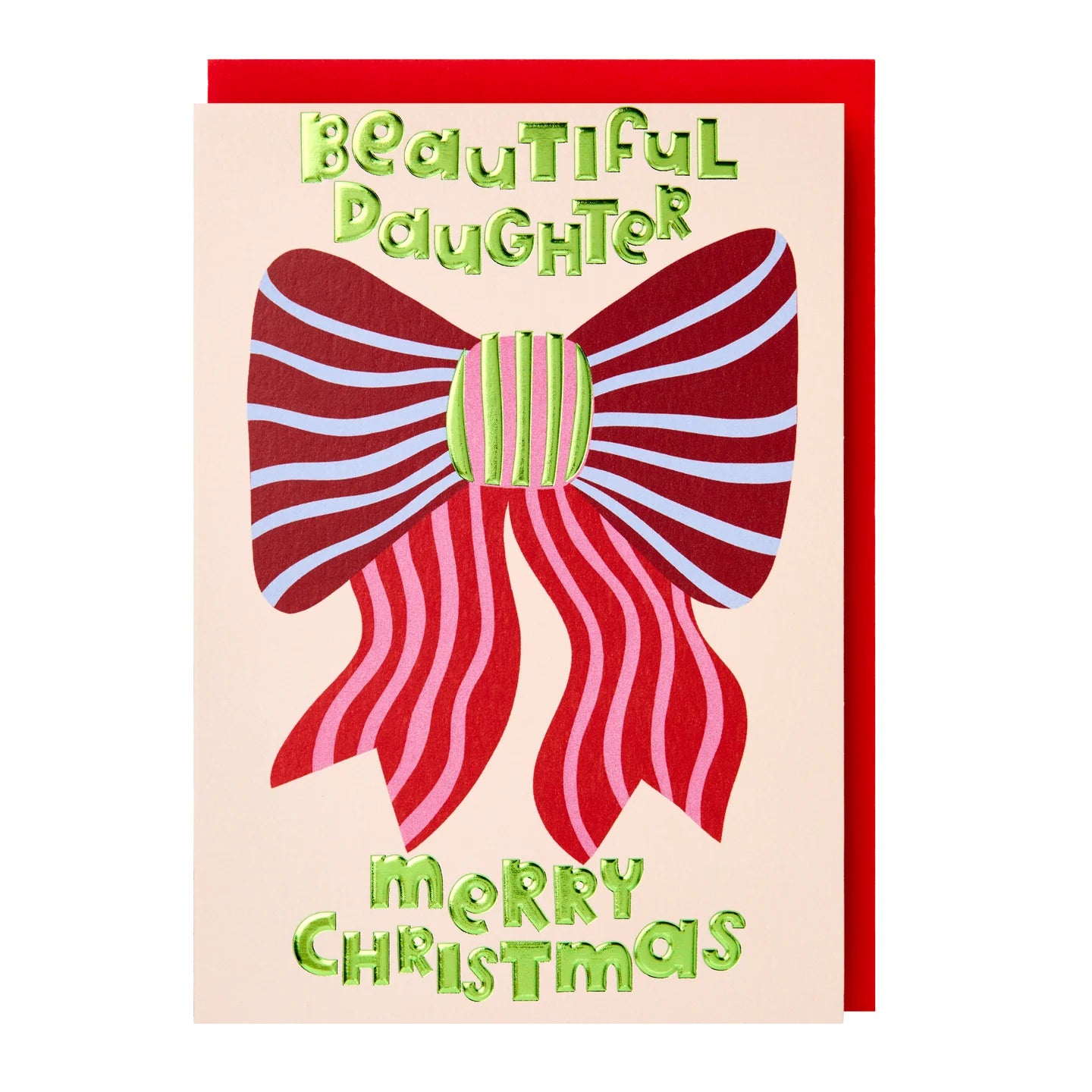 A Christmas greeting card with a red envelope, featuring a large red and white striped bow on a cream background with the text 'Beautiful Daughter' and 'Merry Christmas' in green.