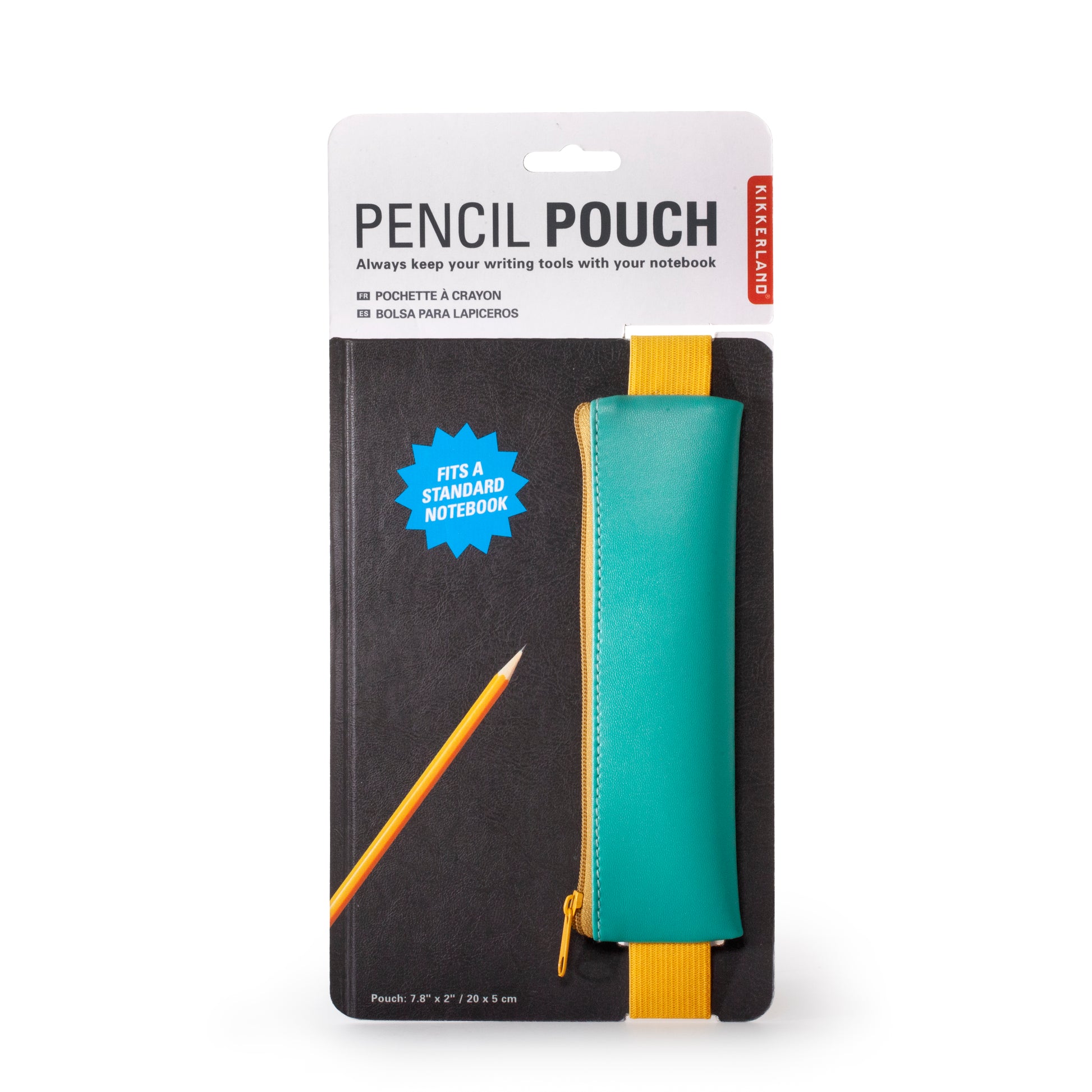 Pencil pouch with teal zipper and yellow pull tab on packaging