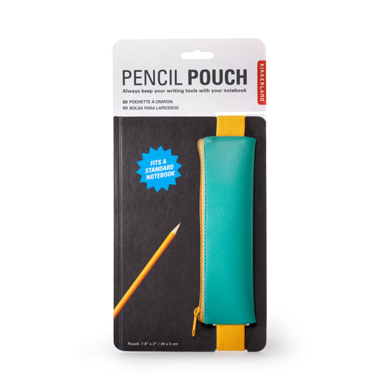 Pencil pouch with teal zipper and yellow pull tab on packaging