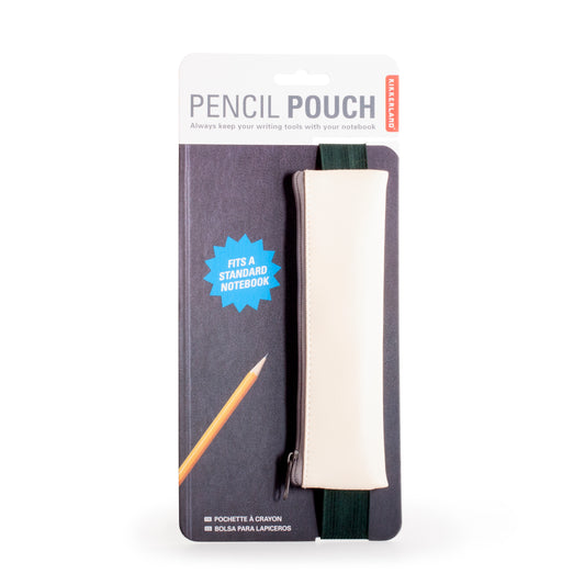 Pencil pouch with a notebook and pencil on a white background