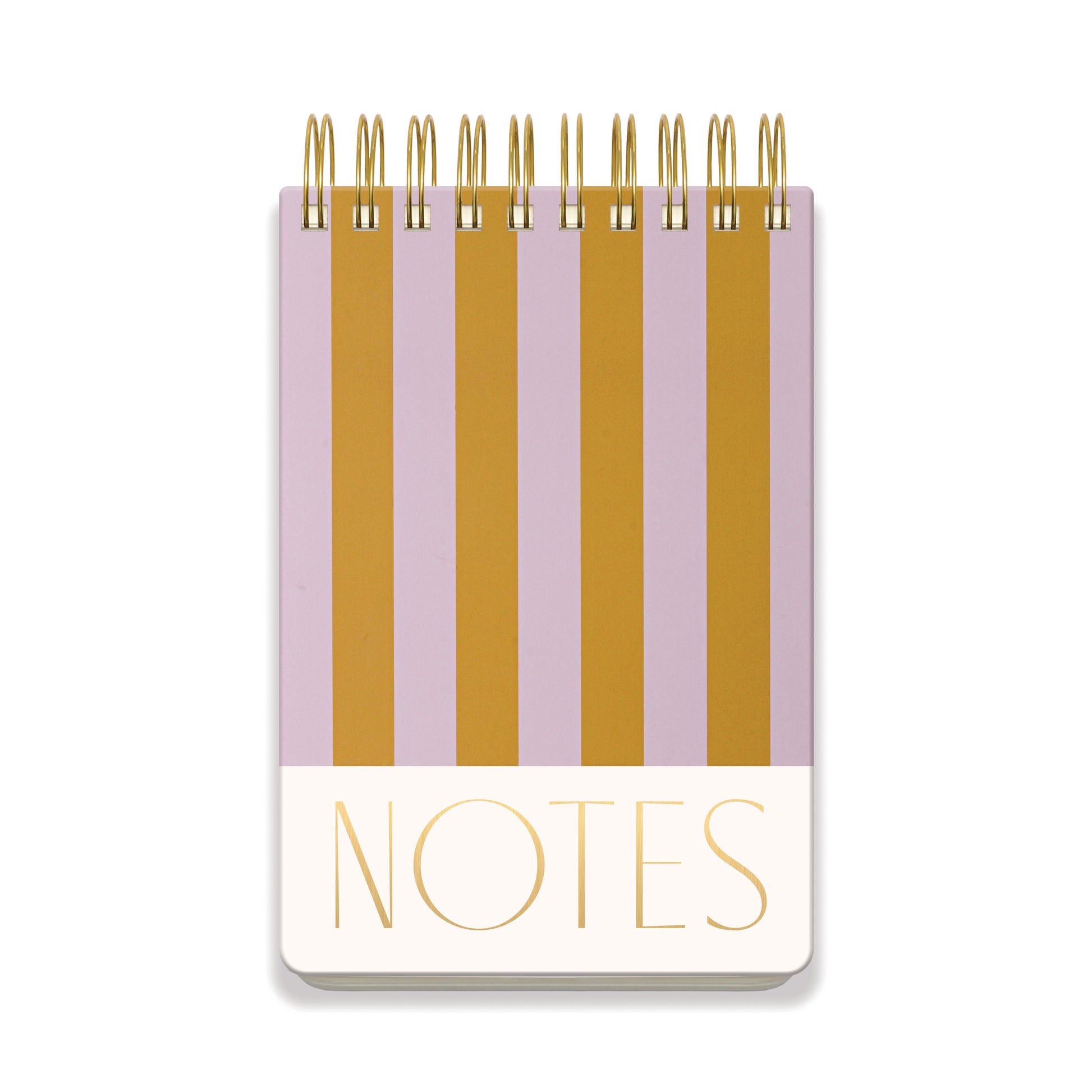 Small notebook with gold and purple striped design on a white background
