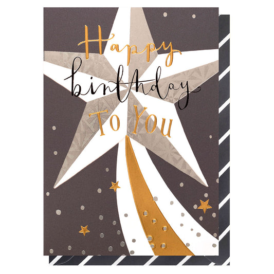 Card with black background saying Happy Birthday to you Big Sliver Star in the middle with  gold stars and silver spots. Stripped envelope in Black and White 