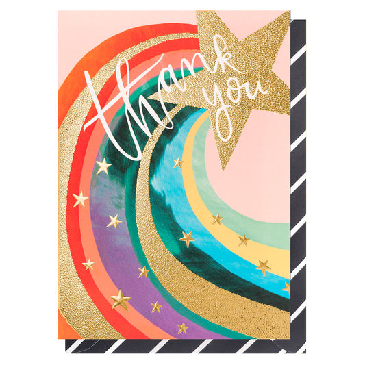 Thank You care with gold foil star on the front with the words Thank You in white. multicoloured swirls coming from the gold star with smaller gold stars on the cars. Black and white stripped envelope