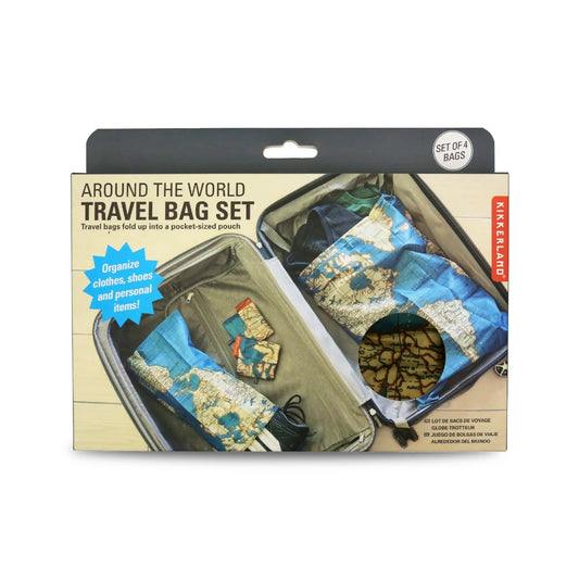 box showing set of 4 travel bags that can used packing items into a suitcase. each bag is made of fabric depicting a map of the world