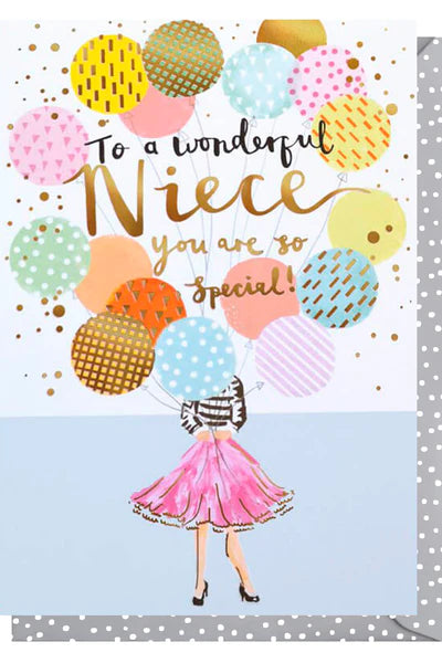 Greeting card with colorful balloons and a girl in a pink dress, text 'To a wonderful niece you are so special!' on a white background.