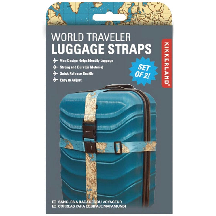 Kikkerland World Traveler luggage straps packaging with a blue suitcase and map design.