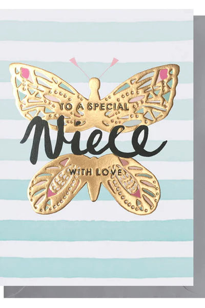 Greeting card with gold butterfly design and text on a striped background