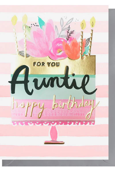 Birthday card for 'Auntie' with a cake illustration, flowers, and candles on a striped background.