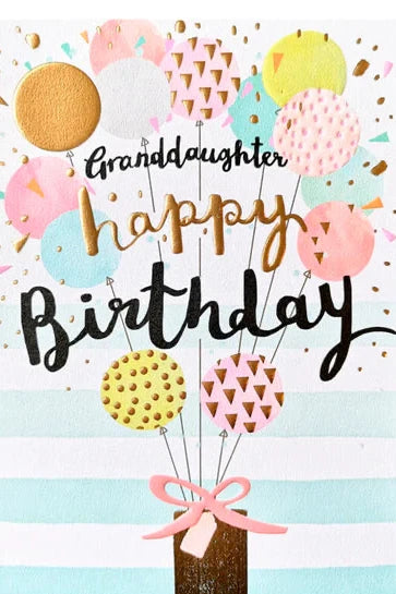 Birthday card for granddaughter with colorful balloons and a gift box.