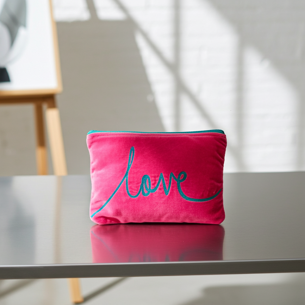 Pink Lemons Velvet Love Pouch - Pink & Aqua